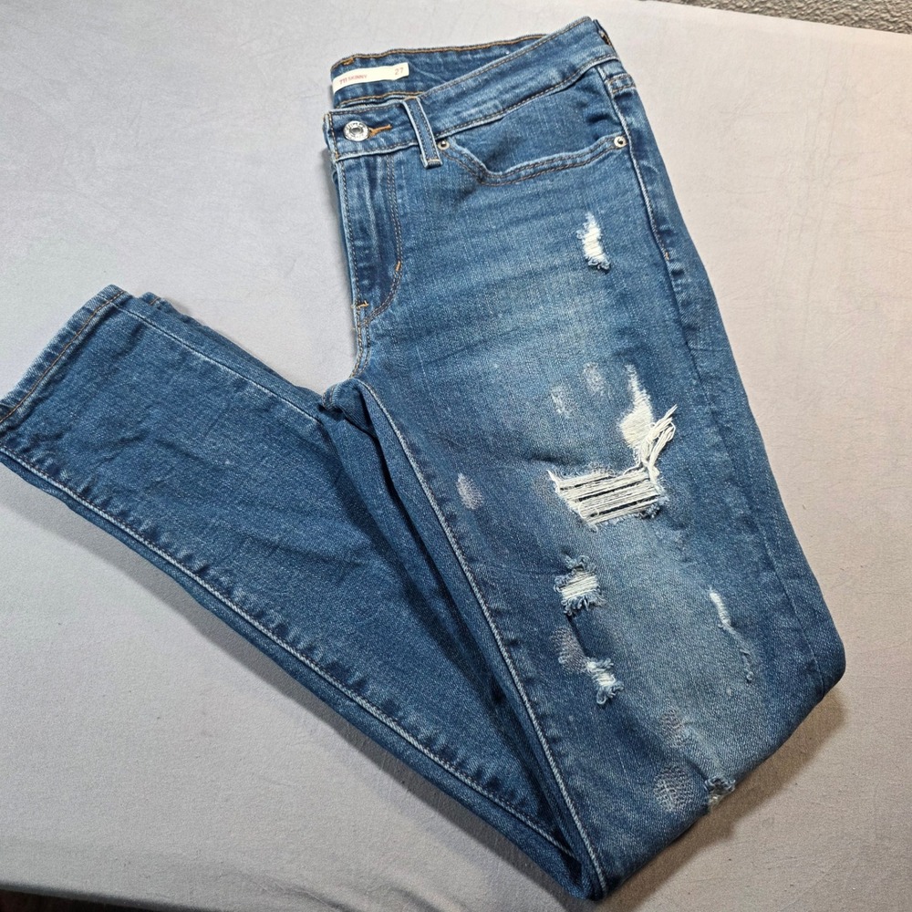 Levis 711 Skinny Distressed Blue Jeans Womens 27 Medium Wash Mid Rise Denim